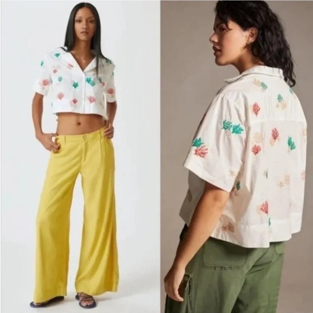 Anthropologie Maeve Women Embroidered Tropical Shirt Medium Beach Nautical‎ $130